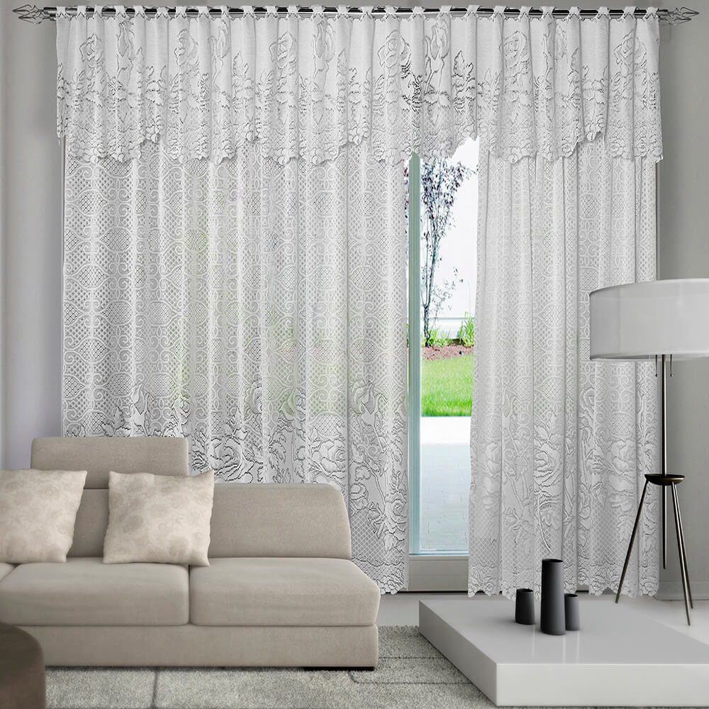 Cortina de Renda Branca Roseiral 300cm x 180cm + 40cm Interlar Enlevolar Cortina de Renda Branca Roseiral 300cm x 180cm + 40cm Interlar Enlevolar